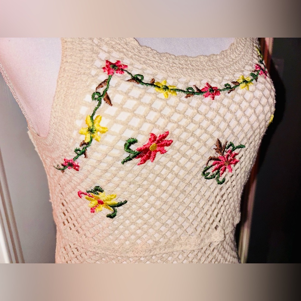 Cream Crochet Floral Tank Top with Pink & Yellow Embroidery